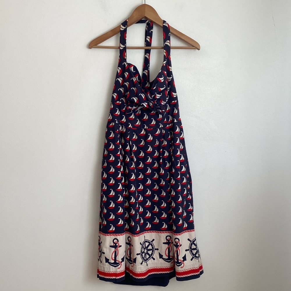 Anthropologie Nautical Print Halter Dress - Navy and Red